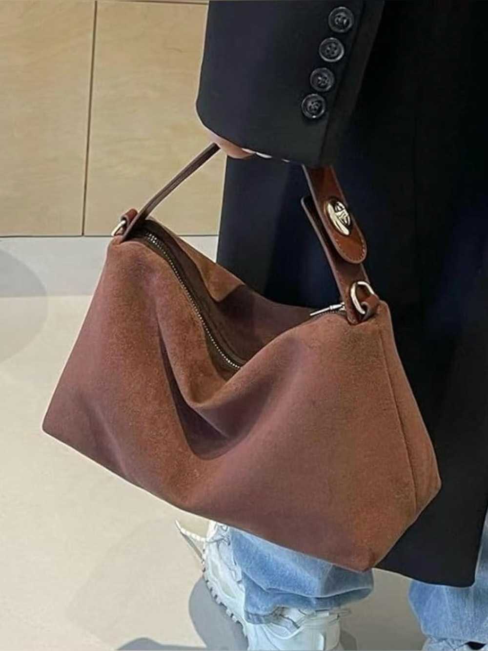 Women's Brown Faux Suede Hobo Bag - Classic Shoulder Style - Picture 3 of 12